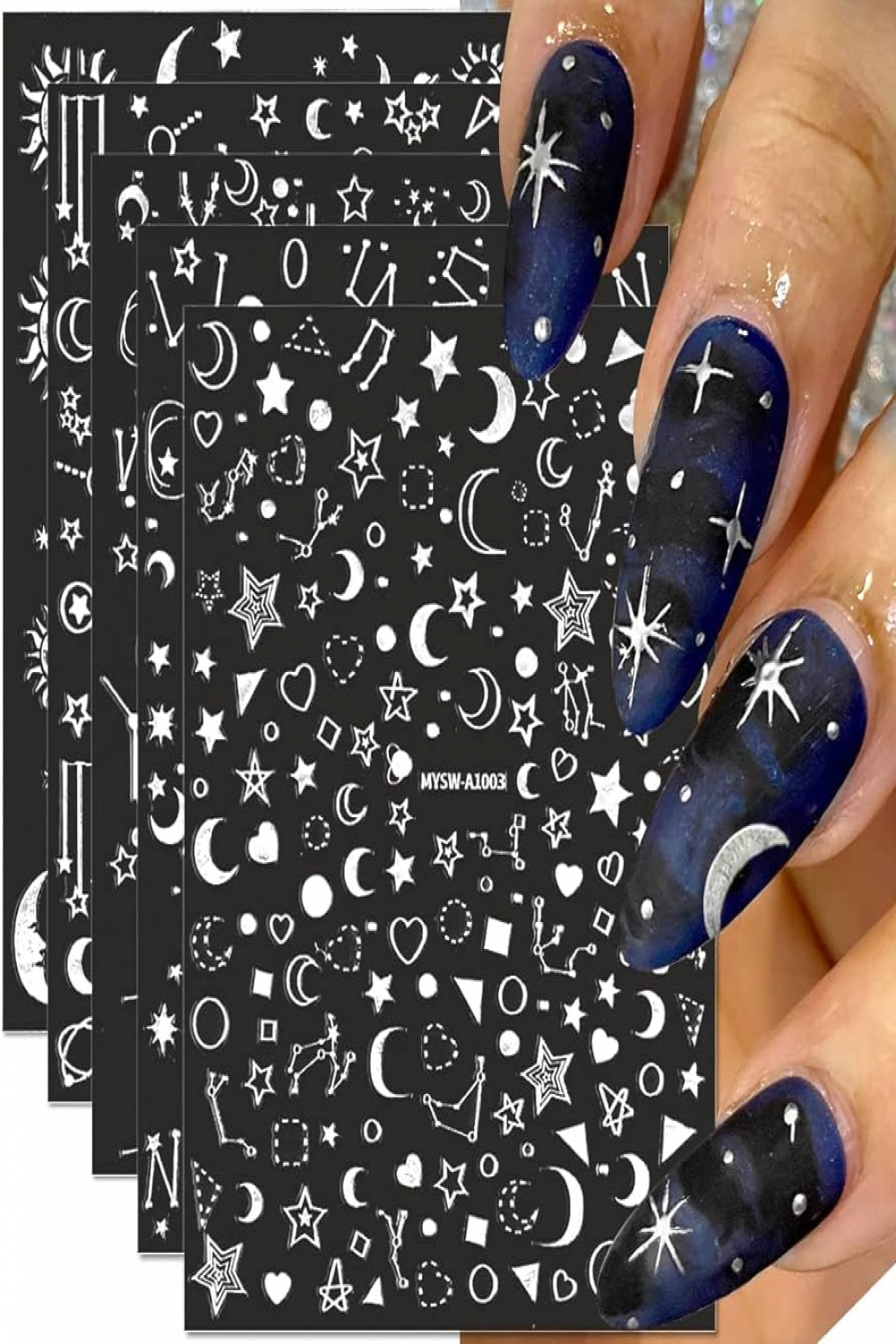 Sheets D Sun Moon Star Nail Stickers Self-Adhesive Nail Stickers  Holographic Laser Nail Stickers Stars Planets Nail Design Aurora Silver  Nail