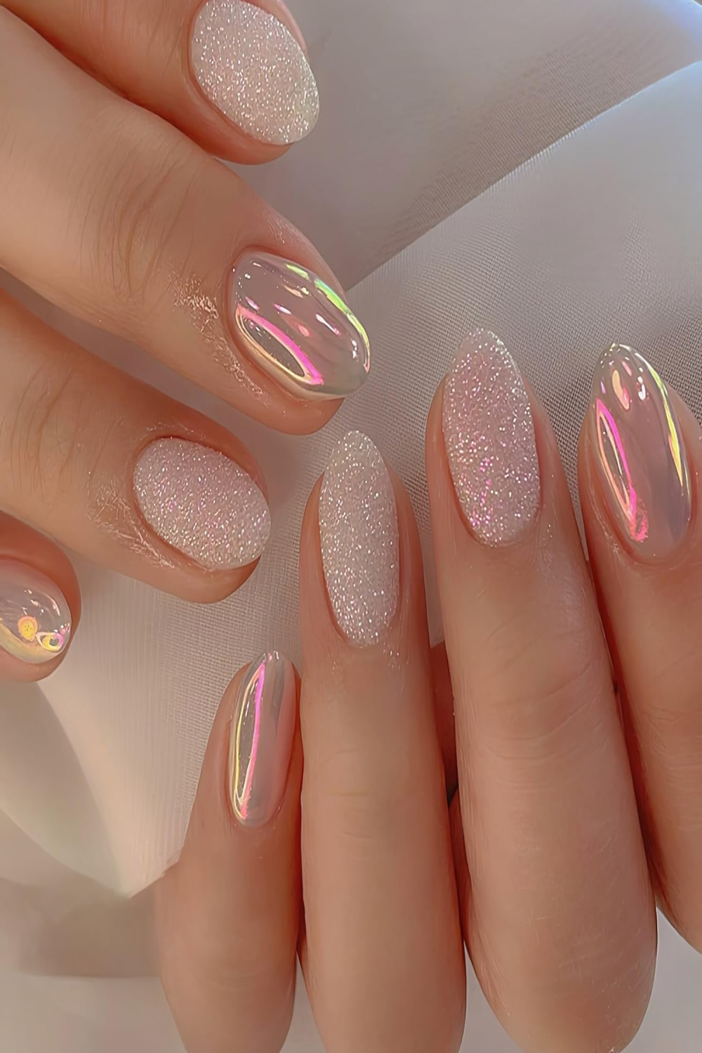 Sparkly Press on Nails Almond Pink Chrome Nails Full Cover Glossy Summer  Fake Nails Artificial Nails for Women Girls Nail Accessories PCS