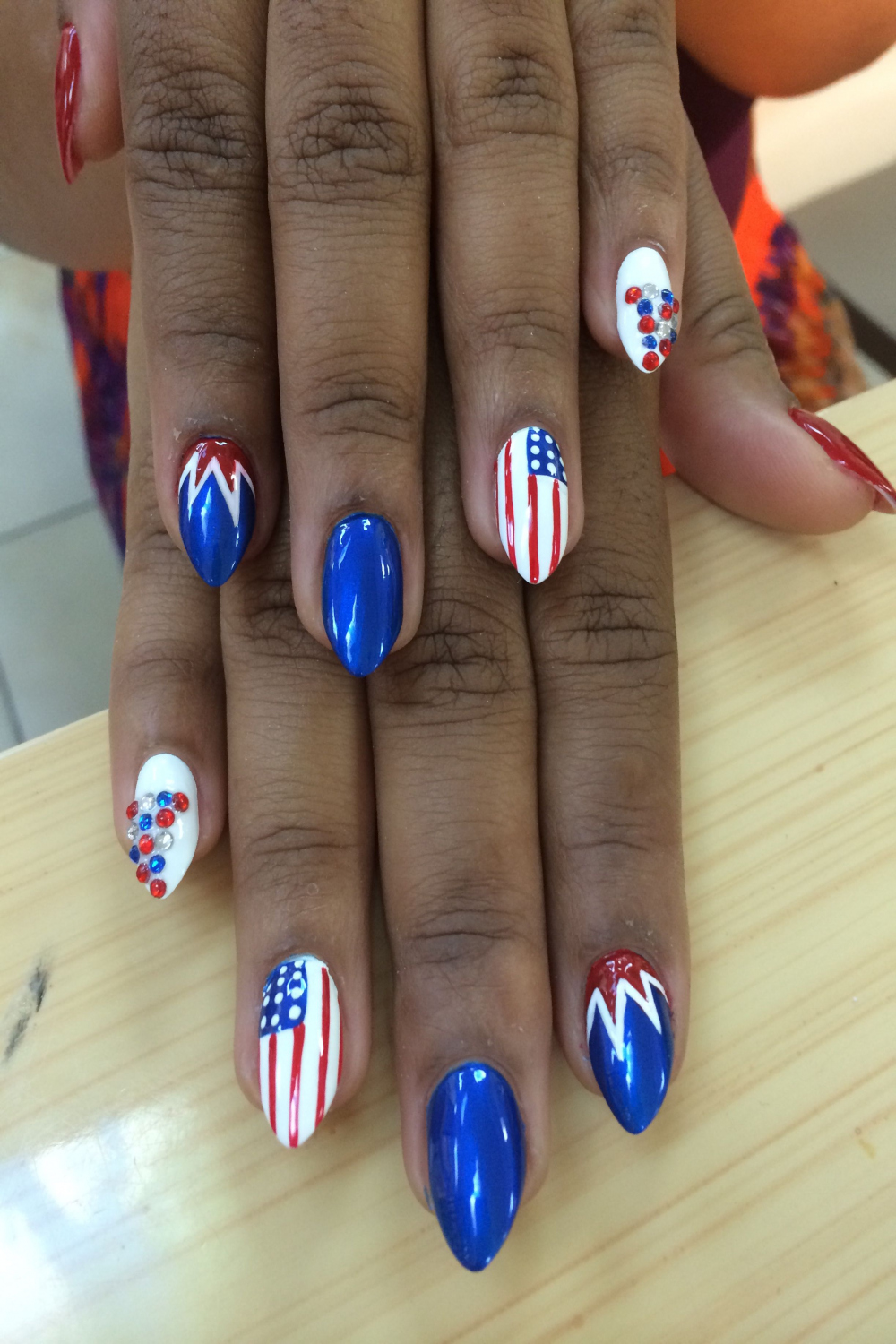 th of July nail art, almond shaped stiletto nail  July nails