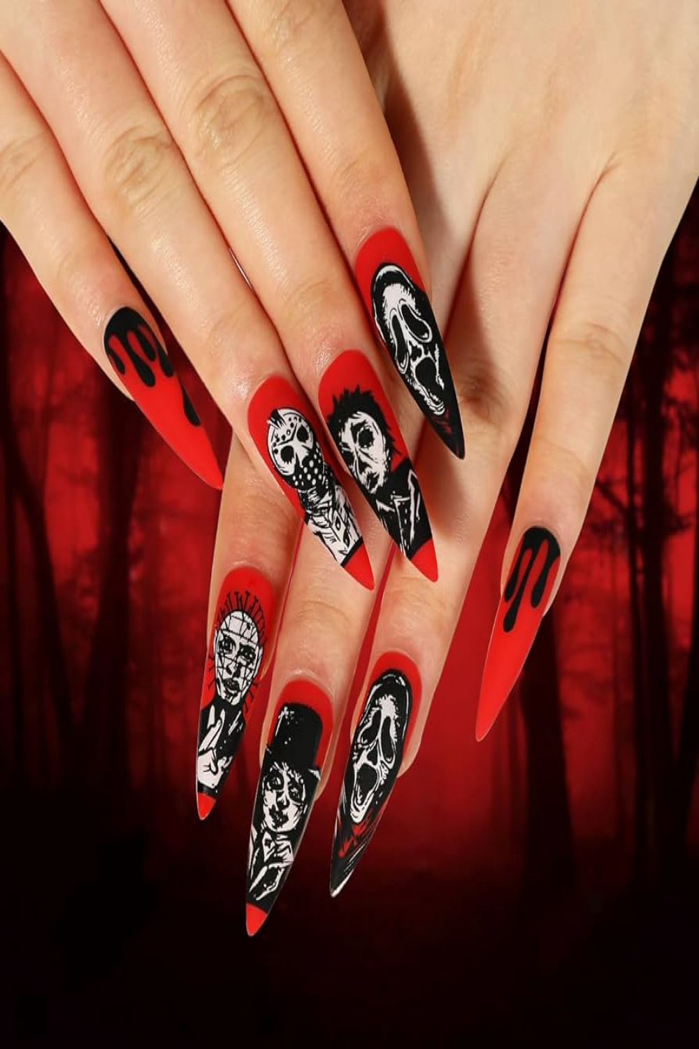 VEBONNY Bright Red Press on Nails Medium Length Halloween Stiletto Fake  Nails with Skeleton,Blood Droplets Long Almond Shaped Nails,Acrylic Full  Cover