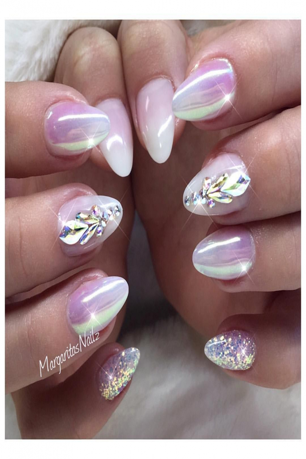 White ombré almond nails chrome nail art Swarovski design  Nail