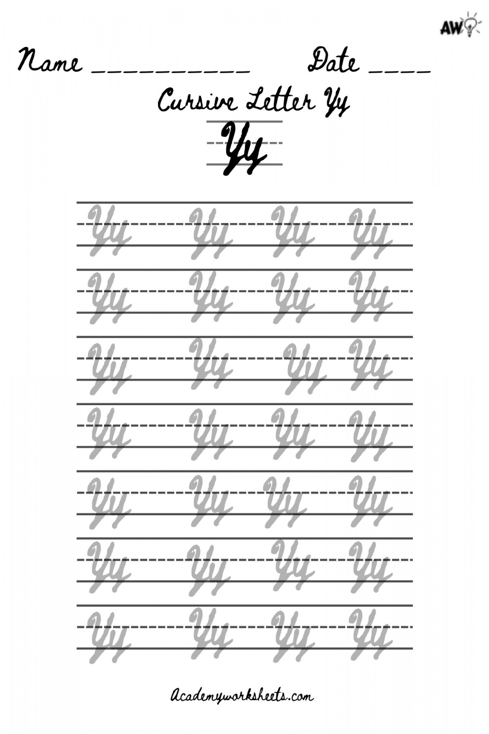 Write Cursive Letter Y in  Easy Steps - Academy Worksheets