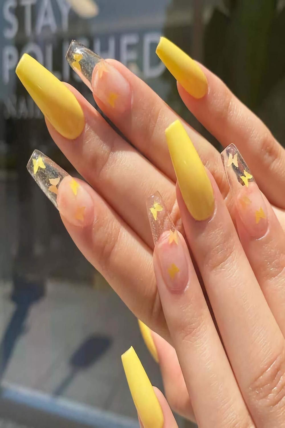 Yellow Fake Nails Glossy Coffin Extra Long Press On Nails With Butterfly  Design Glossy Acrylic Nails For Women And Girls