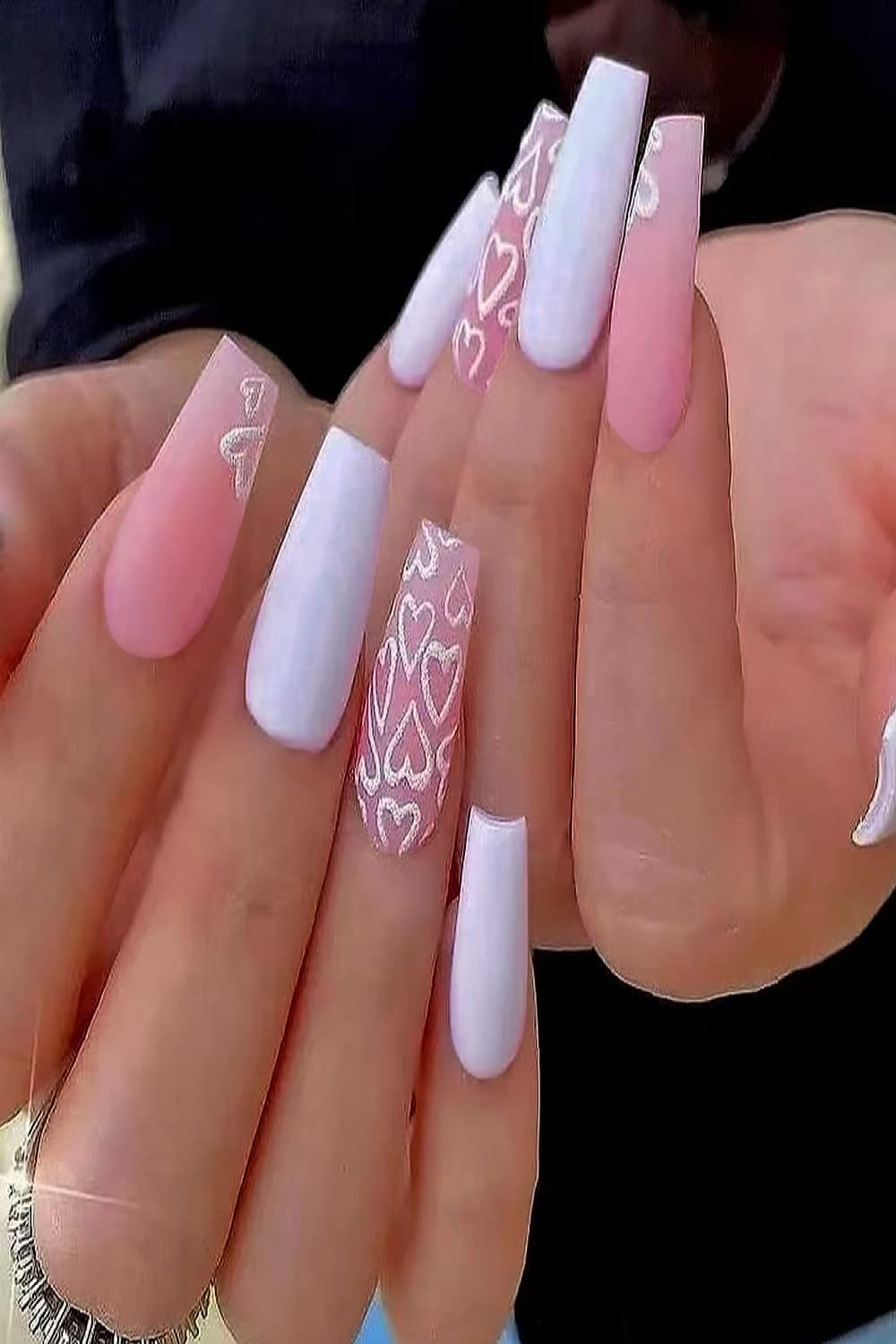 YOSOMK Long Press on Nails with Heart Designs Pink and Blue False Fake  Nails Acrylic Nails Press On Coffin Artificial Nails for Women Stick on  Nails