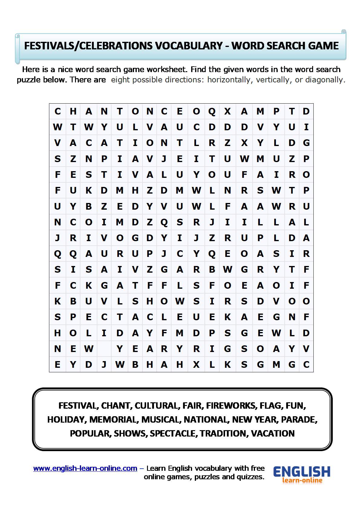 Printable 50 Festival Word Search 18