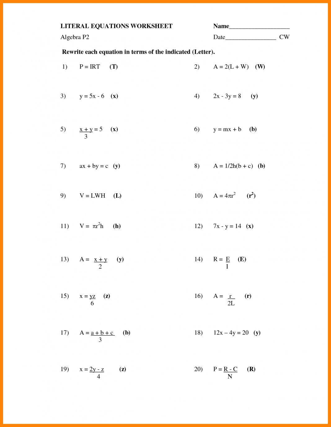 Get 85 Literal Equations Worksheets Ideas 10