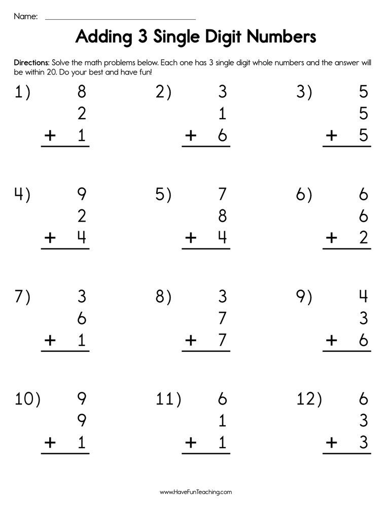 20 3 Digit Addition Worksheets Kindergarten