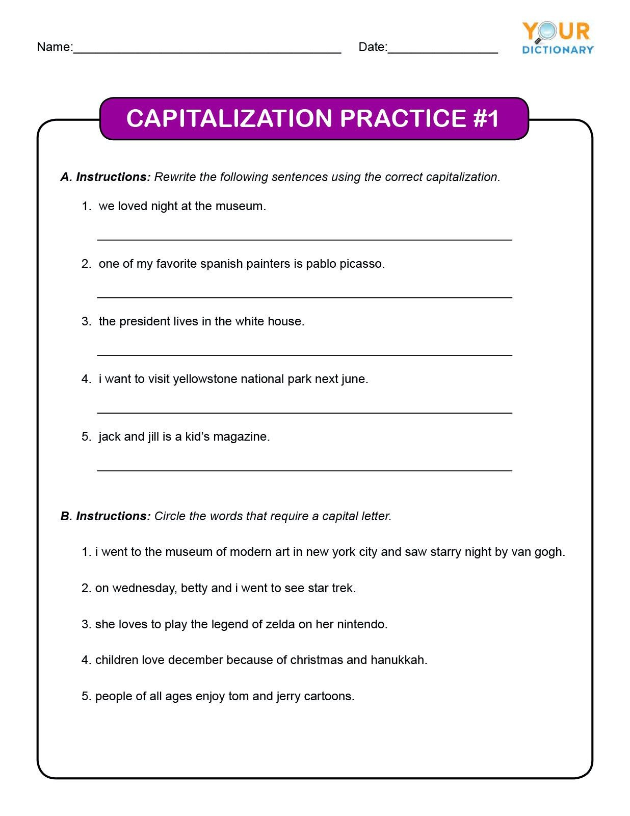 20 Capitalization Worksheets Grade 6