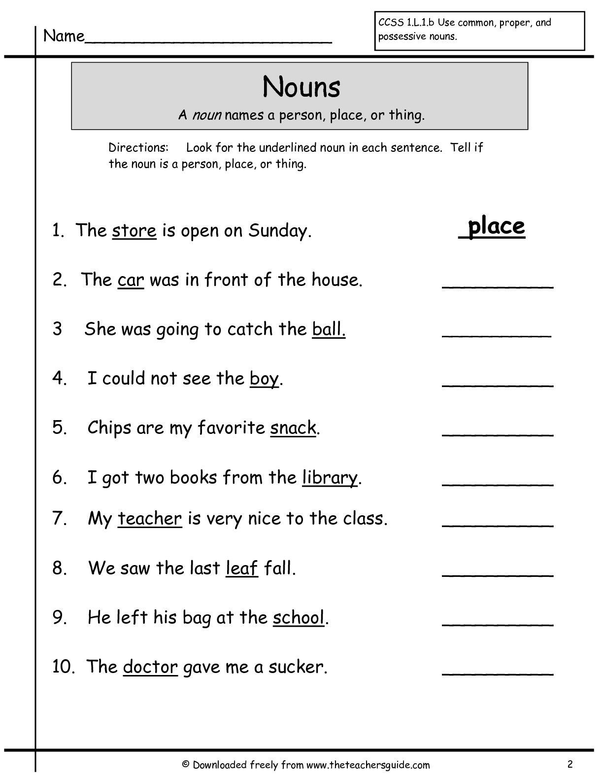 20 Grade 1 English Worksheets Noun