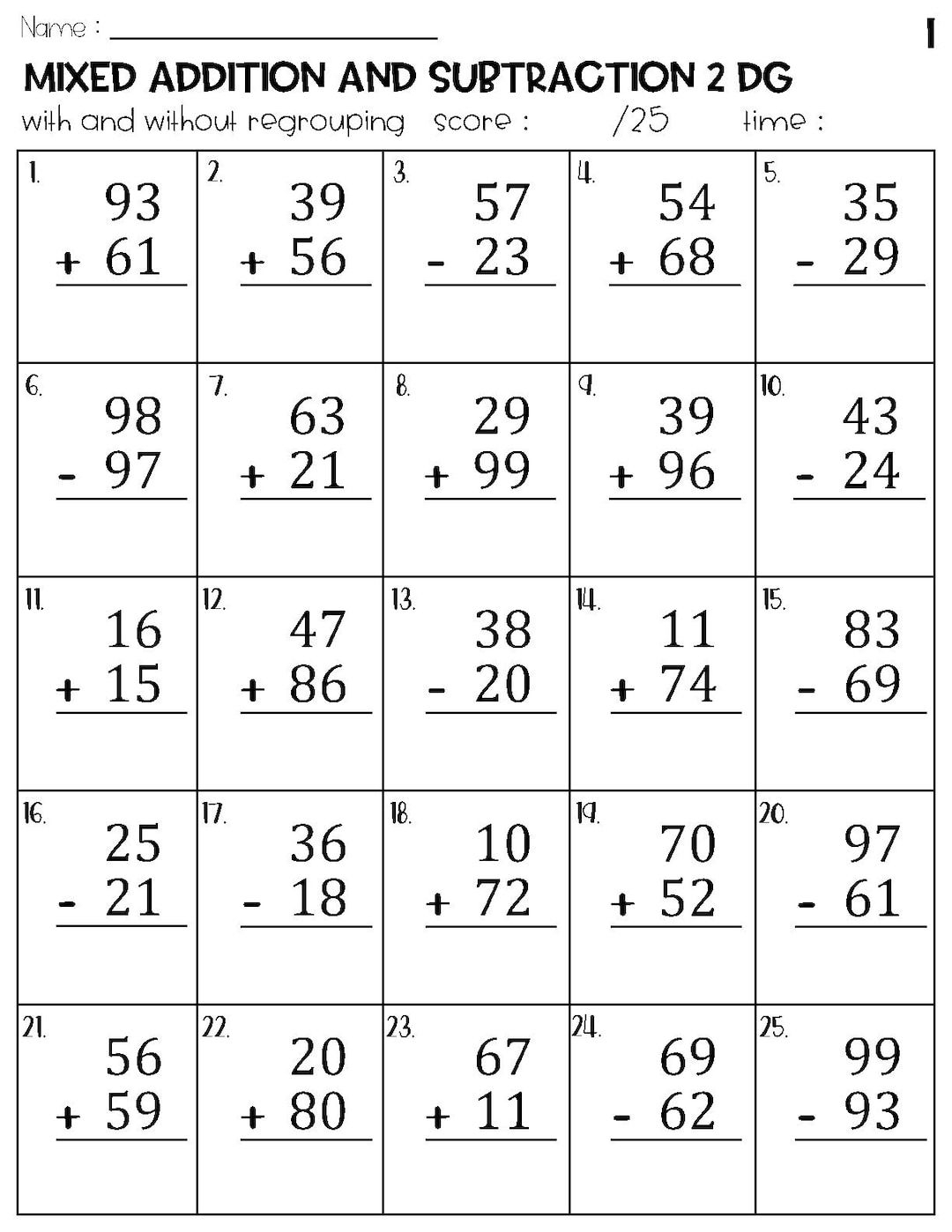 20 Math Worksheets 2 Digit Addition