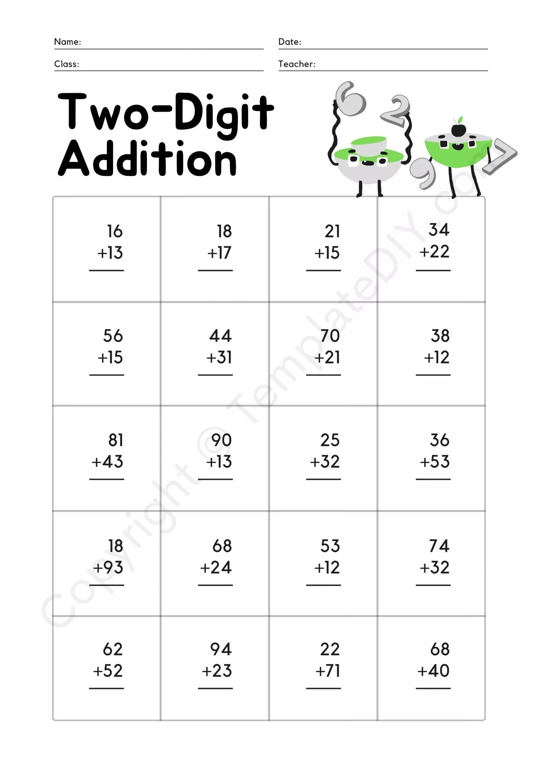 20 Math Worksheets 2 Digit Addition