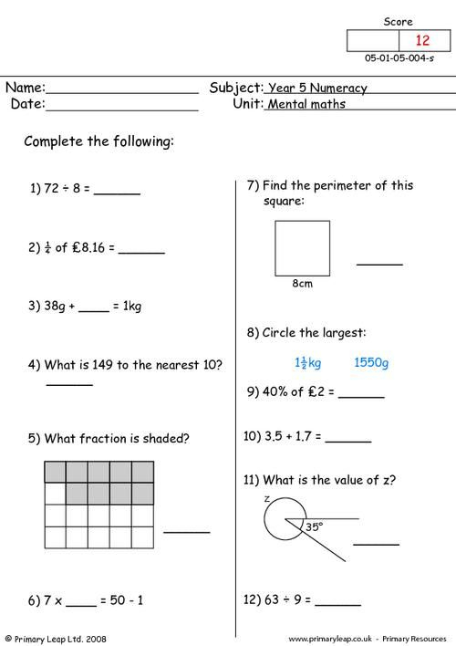 20 Math Worksheets For Year 5