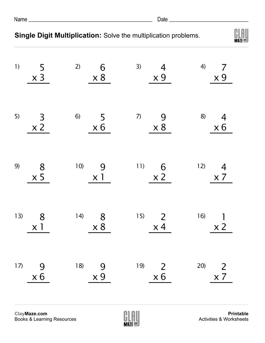 20 Multiplication Worksheets One Digit