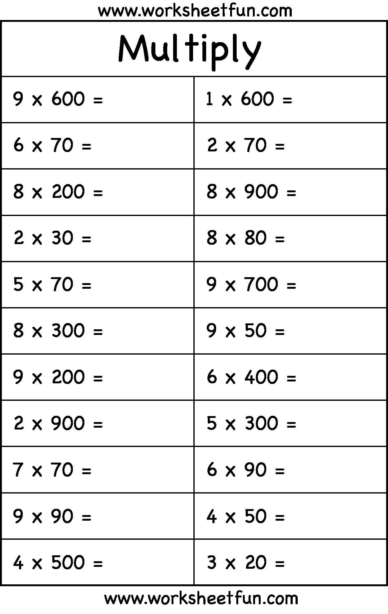 20 Multiplication Worksheets One Digit