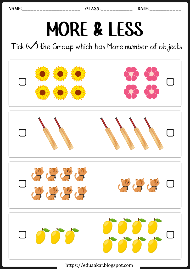 20 Preschool Math Worksheets More Less