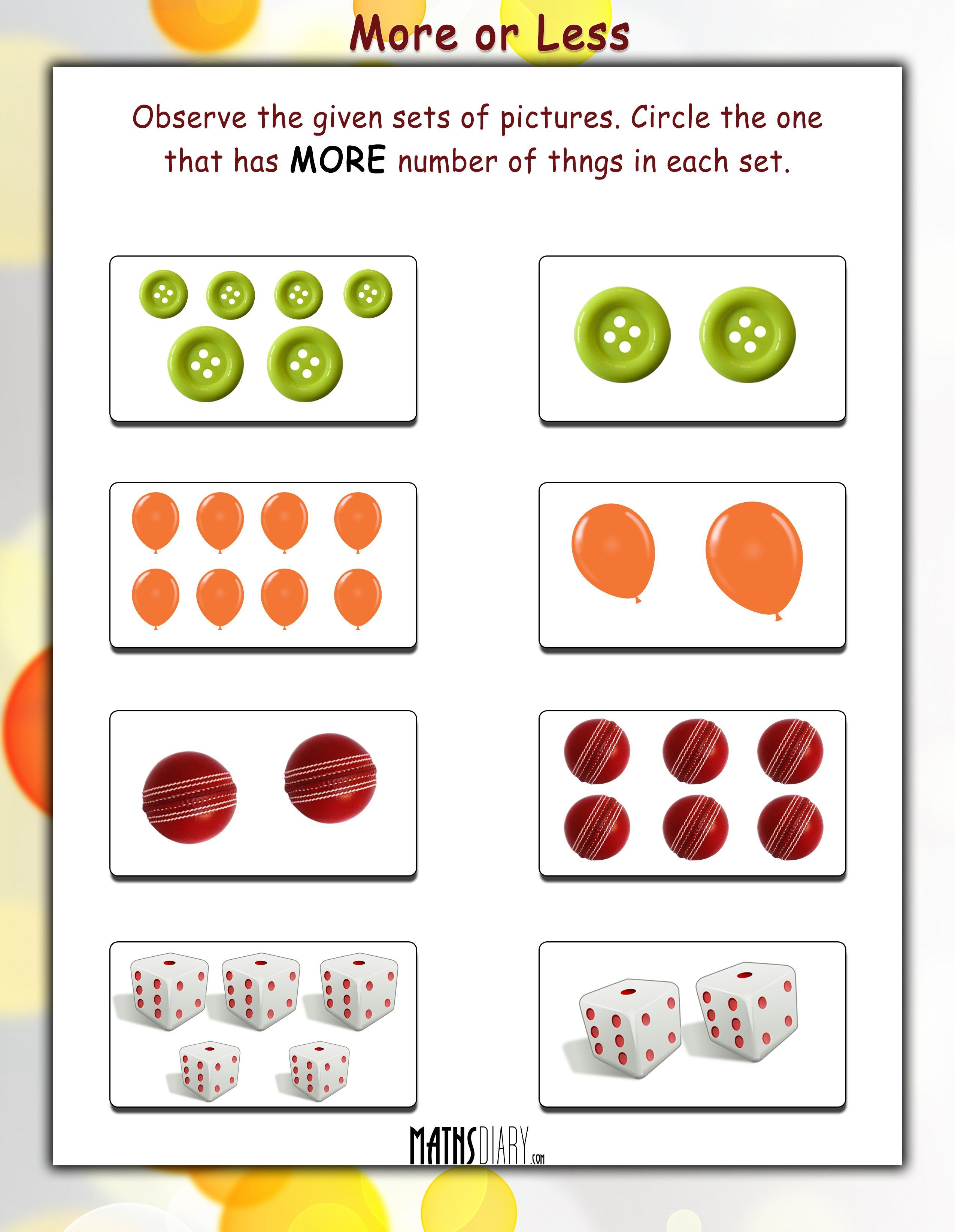 20 Preschool Math Worksheets More Less