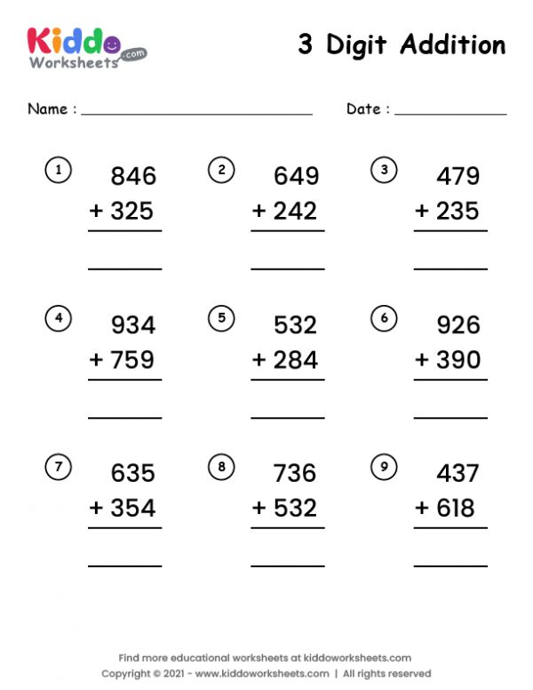 30 3 Digit Addition Worksheets Kindergarten