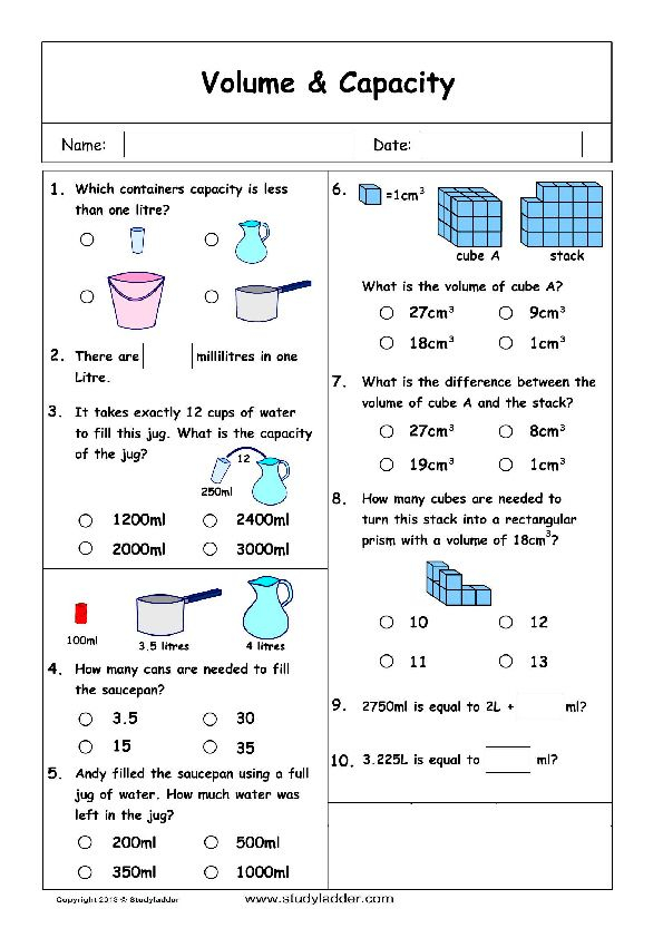 30 Grade 3 Math Worksheets Capacity