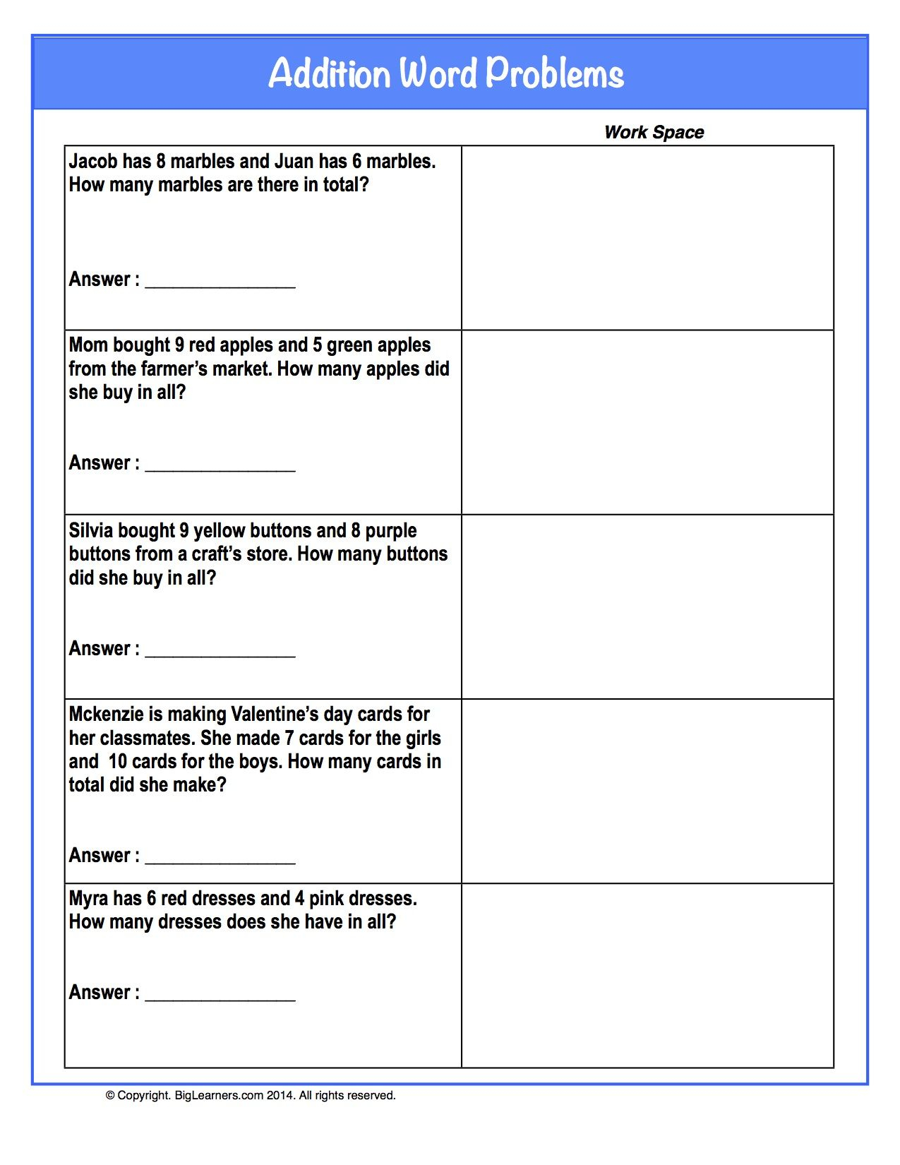 30 Kindergarten Math Worksheets Addition Word Problems