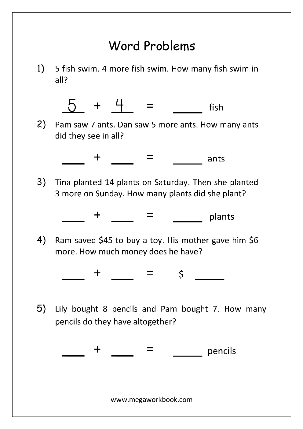 30 Kindergarten Math Worksheets Addition Word Problems