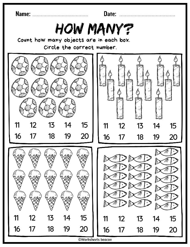 30 Preschool Math Worksheets 1-20