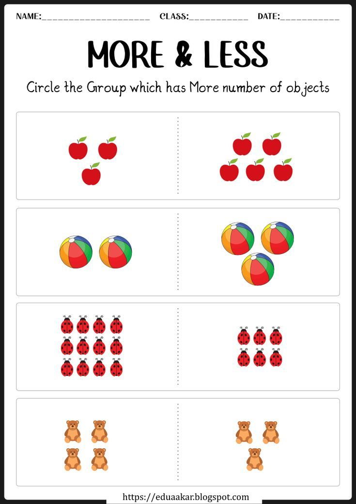 30 Preschool Math Worksheets More Less