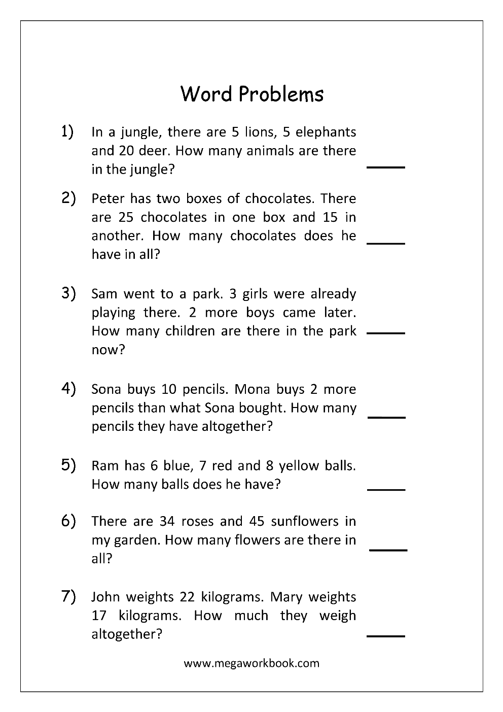 35 Kindergarten Math Worksheets Addition Word Problems