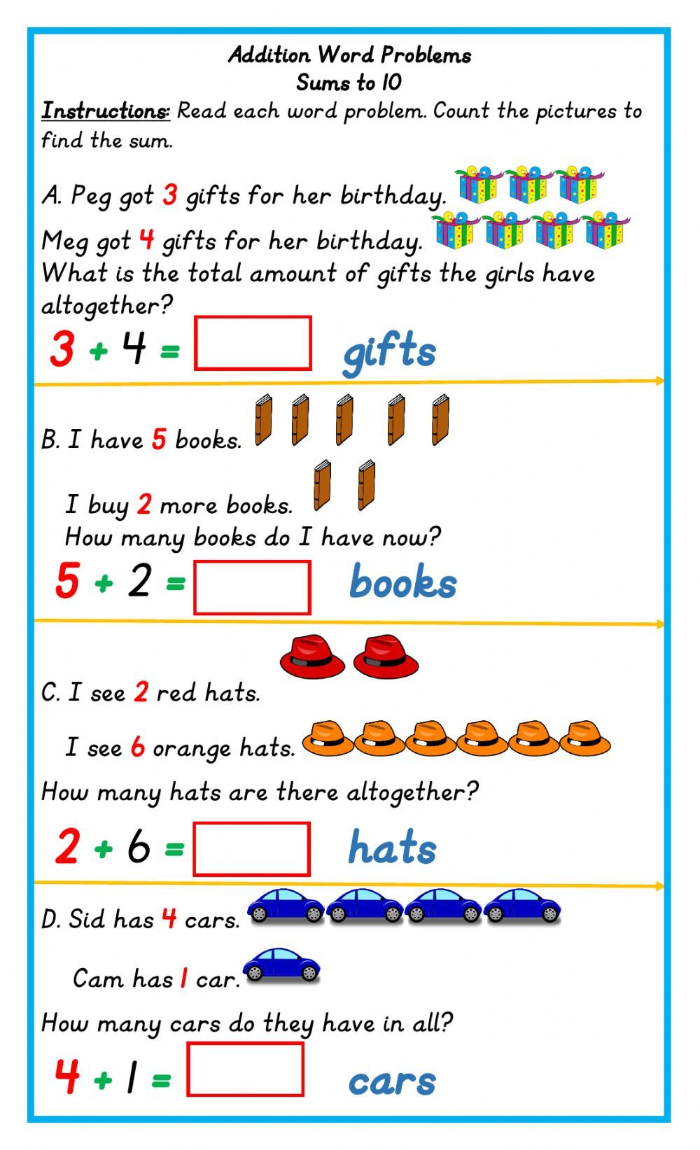 35 Kindergarten Math Worksheets Addition Word Problems