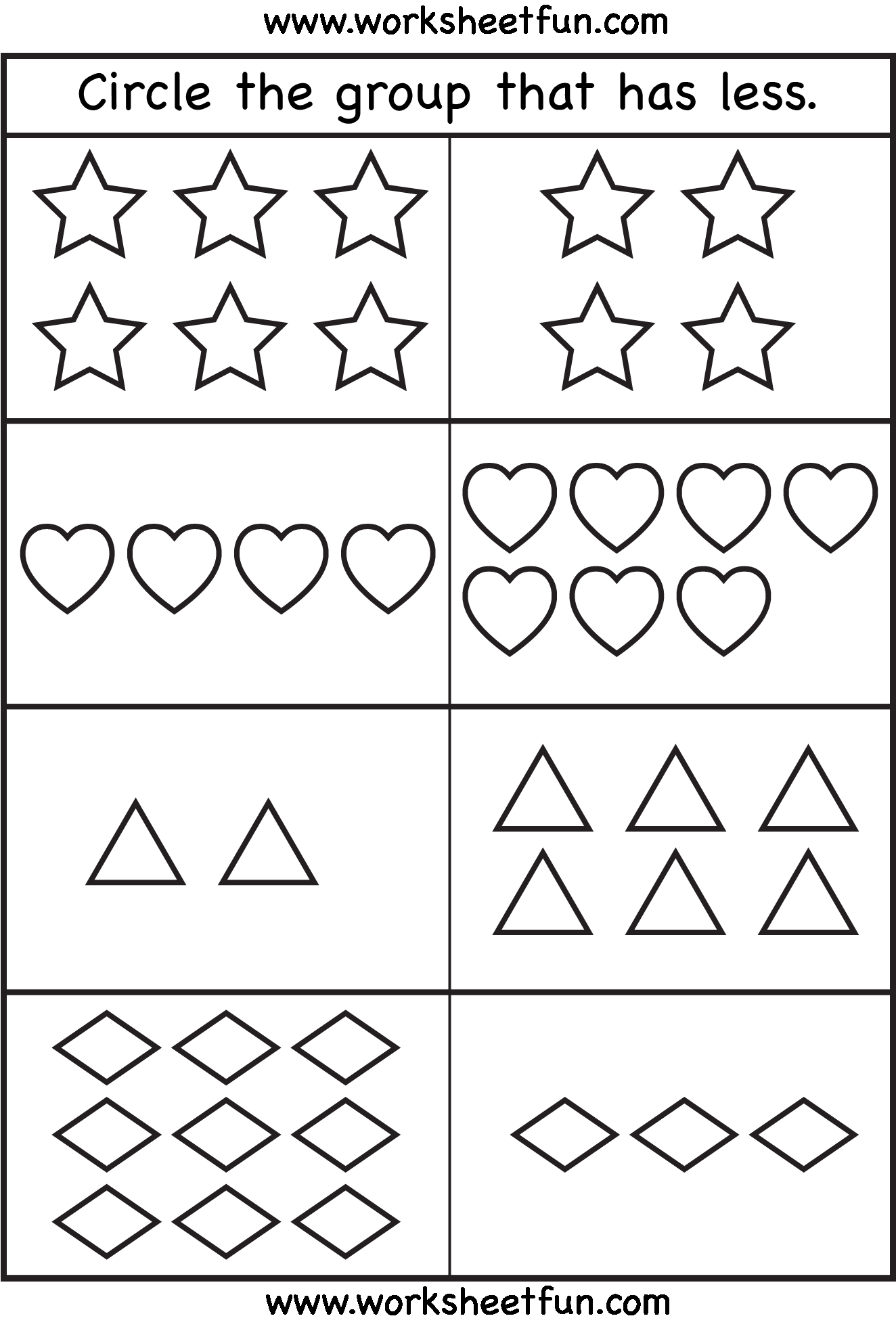 35 Preschool Math Worksheets More Less