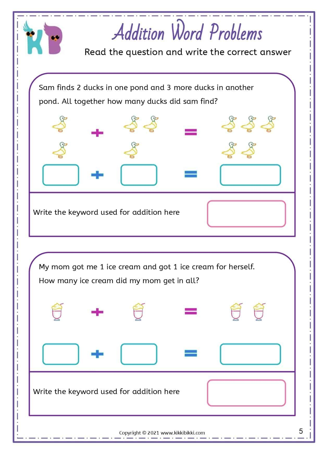 21 Addition Problem Worksheets Kindergarten